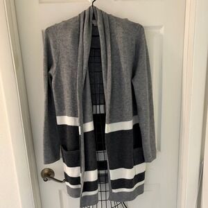 LOFT Striped Colorblock Open Front Cardigan Sweater Grey White Pockets Sz XS EUC